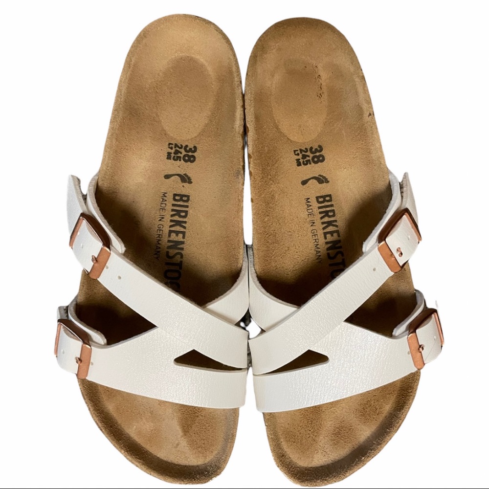 Birkenstock White Double Strap Sandals with Rose Gold Buckles